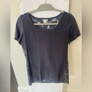 Club Monaco Black Short Sleeve Silk Top with Lace Details